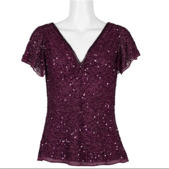ADRIANNA PAPELL Silk Sequin Purple V Neck Formal Dressy Cocktail Top LG Wedding - Picture 1 of 17